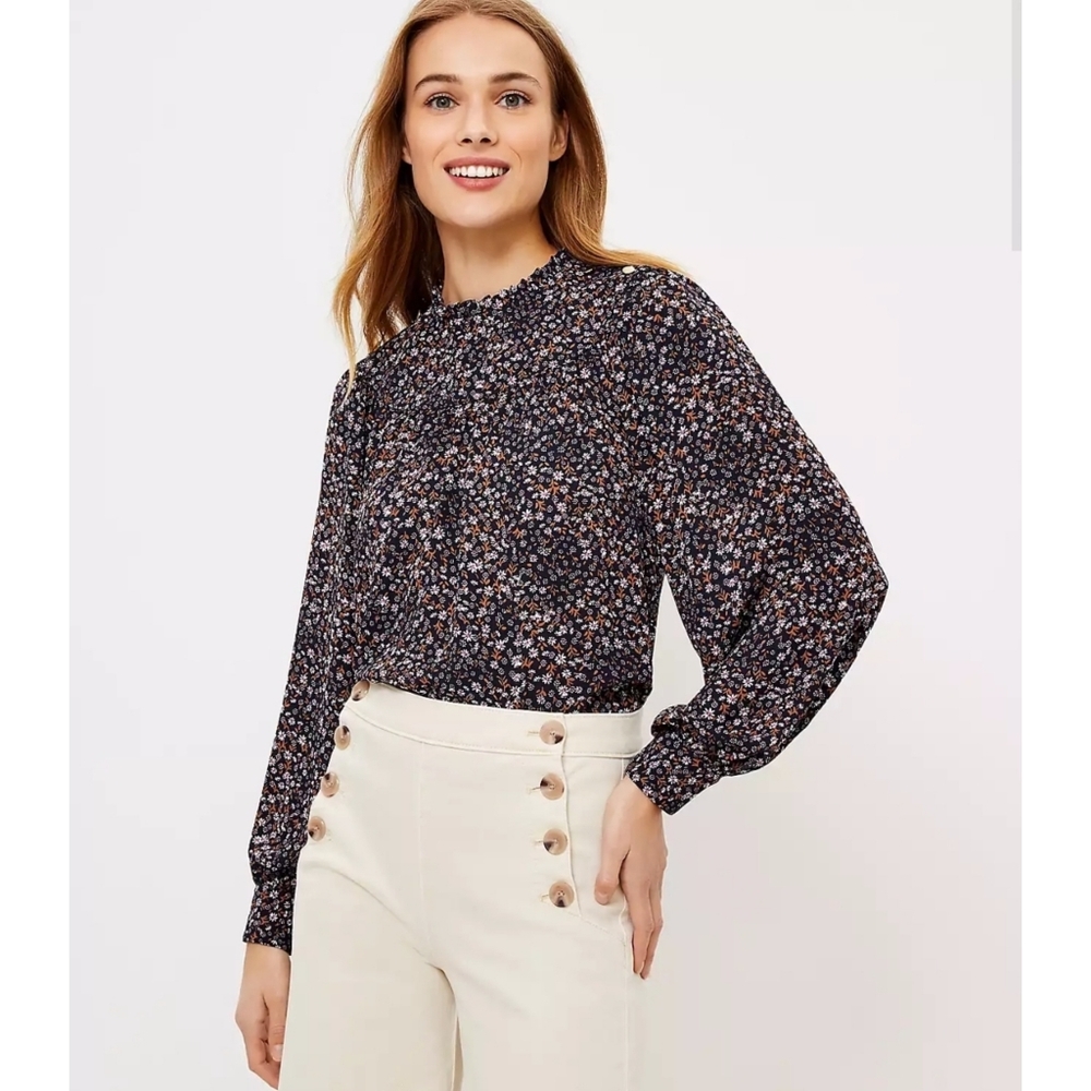 NWT Loft Floral Ruffle Neck Bib Blouse - Picture 1 of 8